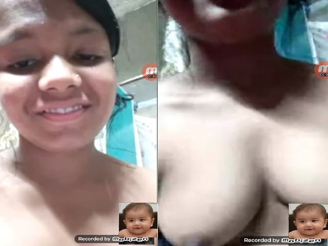 Smiling beautiful girl topless on video call
