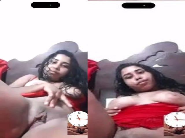 Shaved pussy rubbing horny girl on video call sex