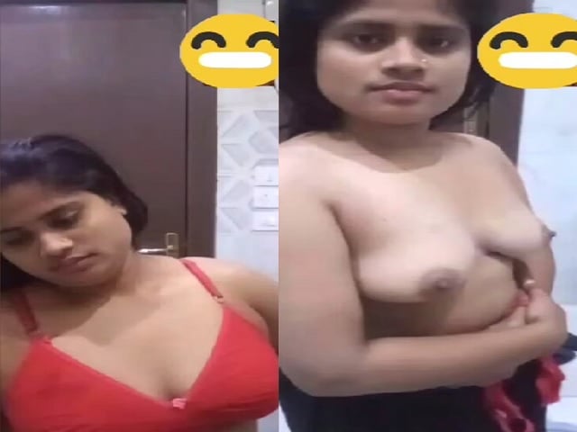 Red bra girl going topless in bathroom for lover