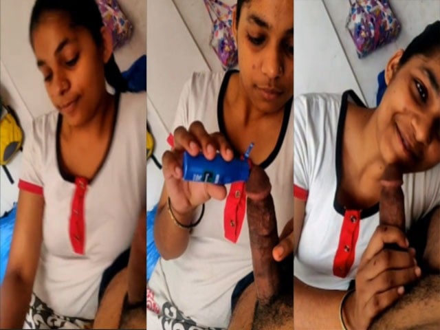 Indian cute girl oiling dick before sex