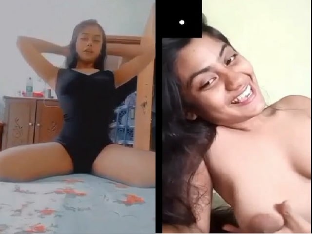 Cute girl pressing boobs during video call